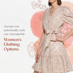 Woman wearing a floral print dress with text promoting customizable women's clothing options.