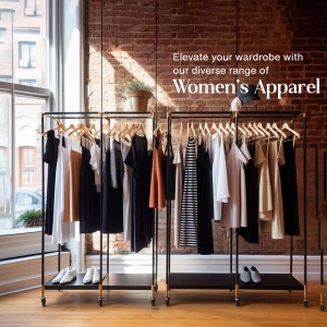 Clothing rack with a variety of women's clothing items.