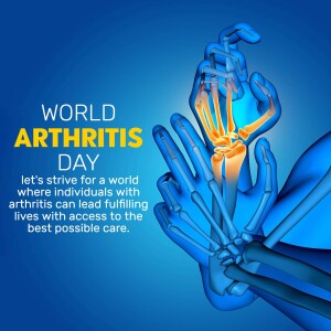Illustration of hands with skeletal structure highlighting joints, promoting World Arthritis Day awareness.