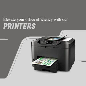 Black office printer with printed documents