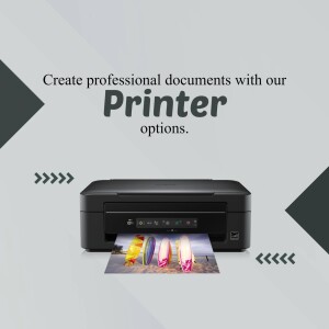 Image of a printer with colorful printed documents, promoting professional document creation.