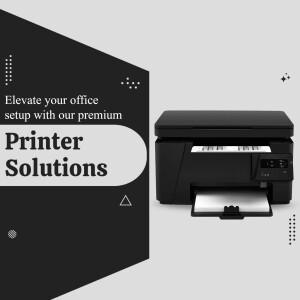 Black printer on a grey background with text promoting printer solutions