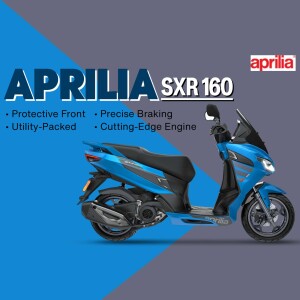 Blue Aprilia SXR 160 scooter with key features highlighted