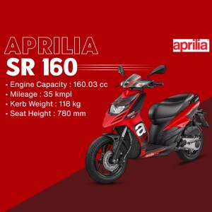 Red Aprilia SR 160 scooter with specifications