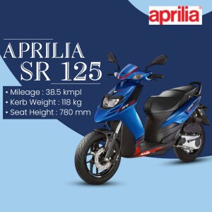 Blue Aprilia SR 125 scooter with specifications