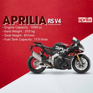 Side view of a black and grey Aprilia RS V4 motorcycle with specifications listed.