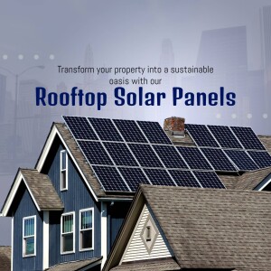 Solar panels installed on a residential rooftop with a city skyline in the background.