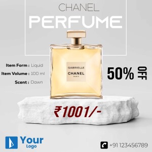 Chanel Gabrielle perfume bottle with a 50% off discount offer.