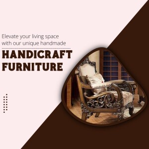 Elegant brown wooden sofa with intricate carvings, promoting handmade furniture.