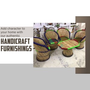 A set of four woven chairs and a matching table, showcasing traditional handicraft furniture.