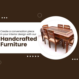 Brown wooden dining table and chairs with intricate designs