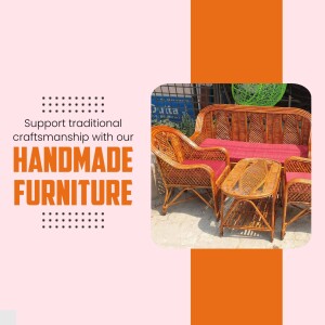 A promotional image featuring a handmade rattan furniture set including a sofa, chairs, and a coffee table.
