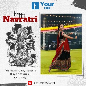 Navratri celebration with a woman performing Garba and Goddess Durga illustration