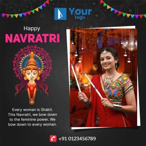 Navratri celebration with a woman performing Garba dance and Goddess Durga image