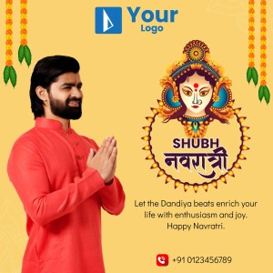 Navratri celebration with a man in traditional attire and Goddess Durga