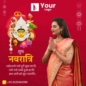 Navratri festival greeting with a woman in traditional attire and Goddess Durga imagery.
