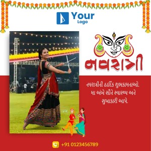 A festive Navratri banner with a woman performing Garba and traditional decorations.
