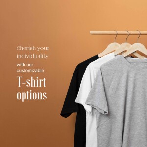 Three t-shirts hanging on a wooden rack with text 'Cherish your individuality with our customizable T-shirt options'