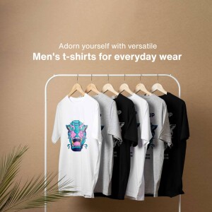 A clothing rack displaying a variety of men's t-shirts in white, grey, and black.