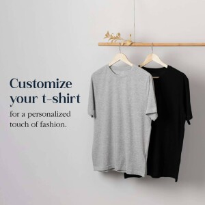 Gray and black t-shirts hanging on a wooden rack with text 'Customize your t-shirt'