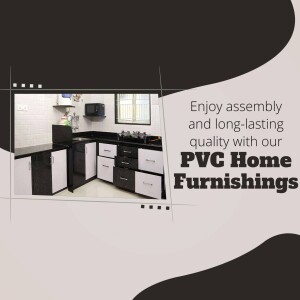 A modern kitchen featuring white and grey PVC cabinets and countertops.