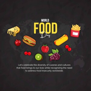 Illustration of various foods with a world map background for World Food Day