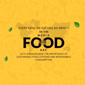World Food Day graphic with a world map and leaves