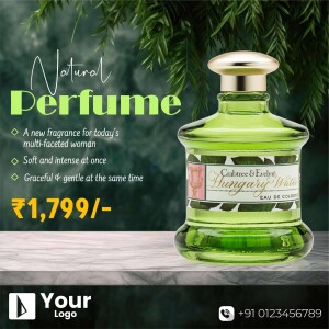 Close-up of a green glass perfume bottle with the text 'Natural Perfume' and price details.
