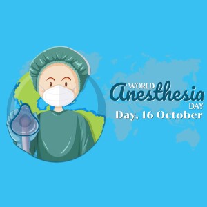 Illustration of a healthcare worker wearing a mask and cap with the text 'World Anesthesia Day, 16 October'