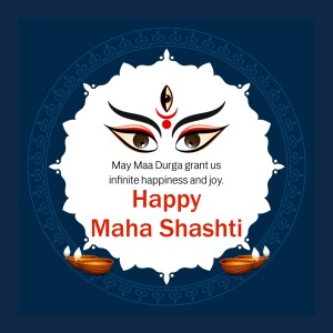 Image depicting a stylized face of Goddess Durga with the text 'Happy Maha Shashti'