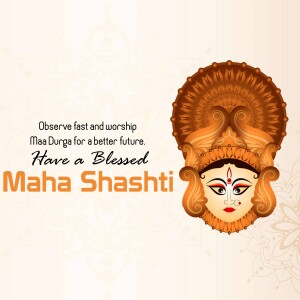 Illustration of Maa Durga's face with text wishing a blessed Maha Sashthi
