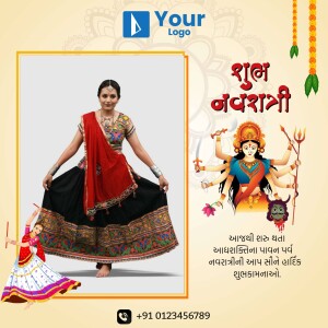 Navratri festive greeting with a woman in traditional attire and Goddess Durga