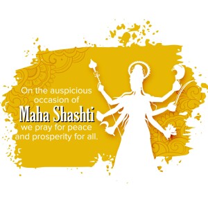 Image depicting a Maha Shashti greeting with Goddess Durga silhouette.