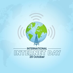 Illustration of the Earth with a transmission tower and signal waves, celebrating International Internet Day on October 29th.