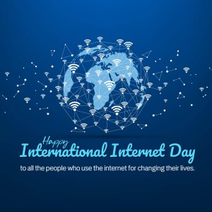 Illustration of a globe made of connected nodes and wifi symbols with text 'Happy International Internet Day'