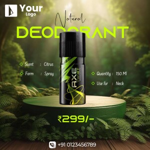 Axe Twist Natural Deodorant spray bottle on a pedestal with green foliage background.
