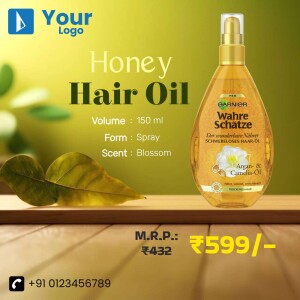 Garnier Honey Hair Oil spray bottle with floral accents and price details.