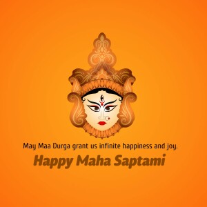 Illustration of Goddess Durga's face with a festive Maha Saptami greeting.