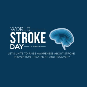 World Stroke Day graphic with a brain illustration and awareness message.