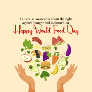 Illustration of hands holding a heart shape filled with various foods to celebrate World Food Day.