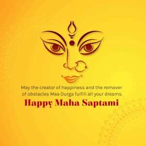 Illustration of Goddess Durga's face with a Maha Saptami greeting