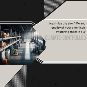 Warehouse interior with climate-controlled storage units and text promoting chemical storage solutions.