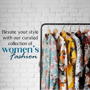 A clothing rack displaying a curated collection of colorful women's dresses and tops against a brick wall.