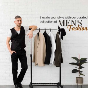 Man posing next to a clothing rack with men's fashion items.
