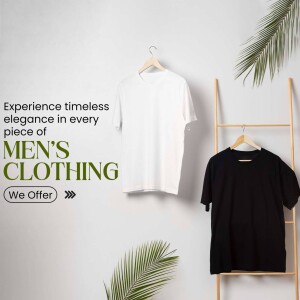 White and black t-shirts hanging on a ladder, promoting men's clothing.