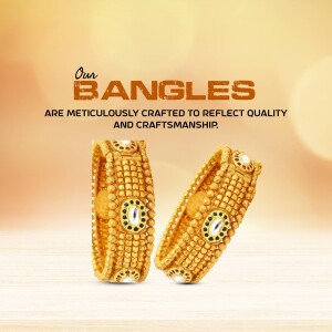 Close-up of intricately designed golden bangles with green gemstone accents.