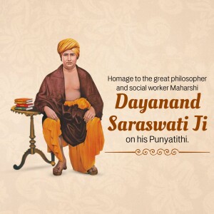 Portrait of Maharshi Dayanand Saraswati Ji with text commemorating his Punyathithi