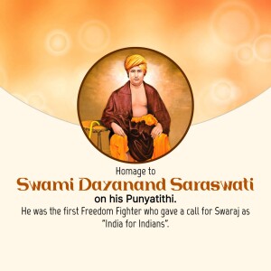 Portrait of Swami Dayanand Saraswati with text commemorating his Punyathithi