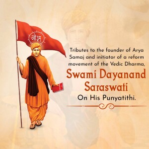 Image of Swami Dayanand Saraswati with a flag and text commemorating his Punyatithi.