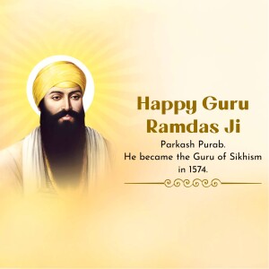 Portrait of Guru Ramdas Ji with text 'Happy Guru Ramdas Ji'
